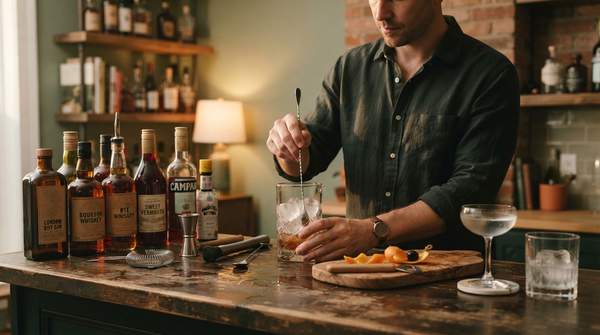 Editorial illustration for Stocking a Classic Home Bar: The Essential Spirits, Tools, and Glassware That Actually Work Together