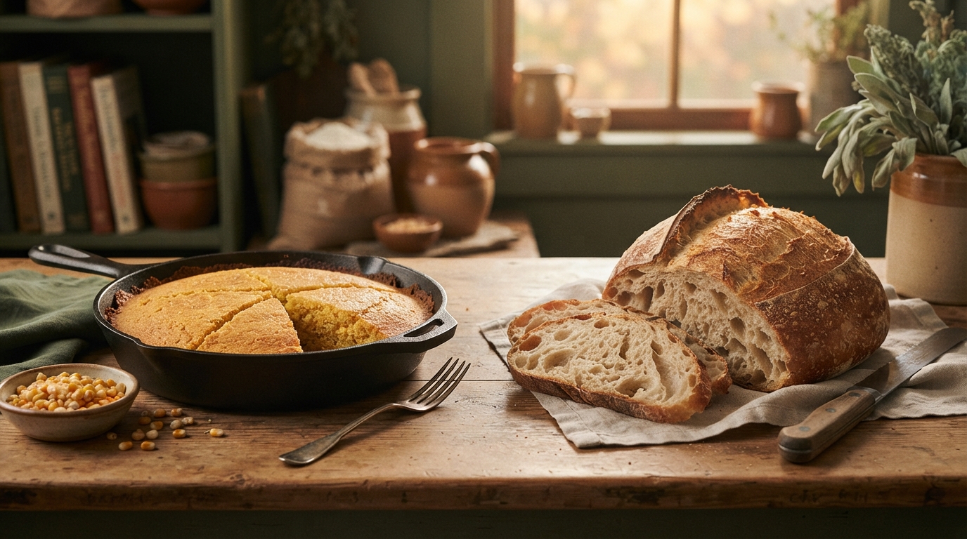 Editorial illustration for Two Breads, Two Americas: How Cornbread and Sourdough Took Divergent Paths
