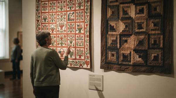 Editorial illustration for Two Threads of American History: What Baltimore Album and Great Plains Quilts Reveal